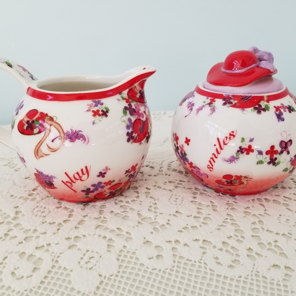 Red Hat Society Paul Cardew Pink Chintz 2004 Porcelain Creamer And Sugar Bowl - Picture 2 of 10